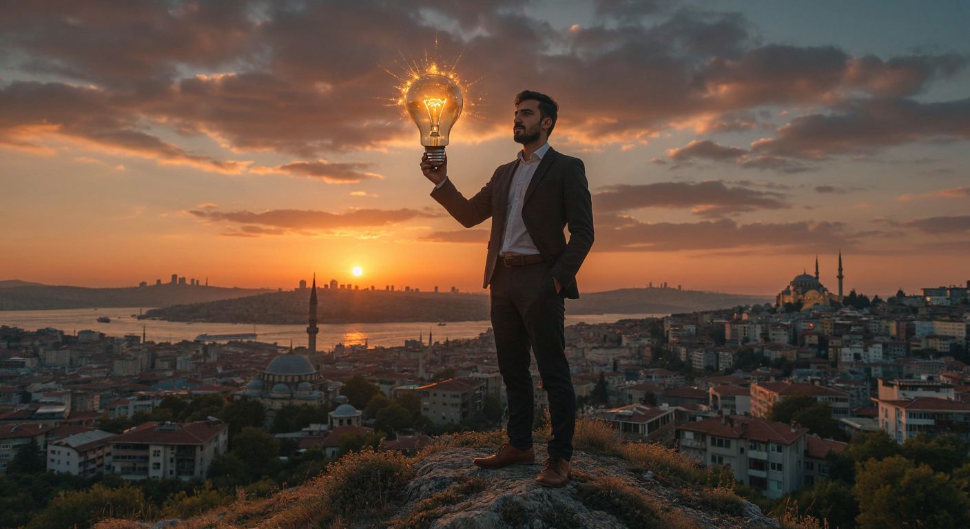 A confident Turkish entrepreneur stands atop a hill overlooking Istanbul’s skyline at sunset, holding a glowing lightbulb symbolizing visionary ideas.