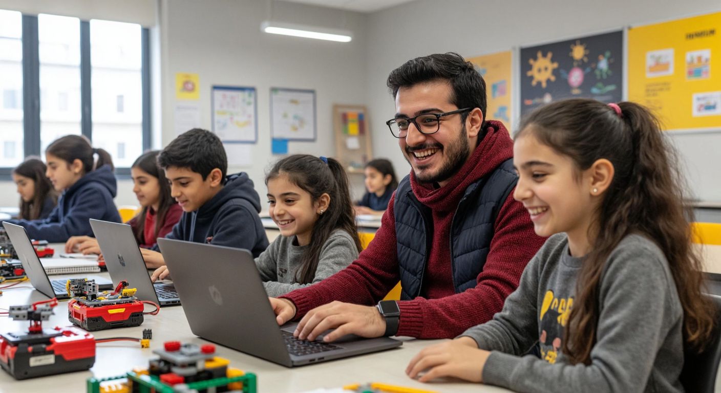A bright, modern classroom in Istanbul with diverse Turkish students engaged in interactive learning on laptops, while a teacher guides them with a warm smile, surrounded by colorful educational posters and robotics kits.