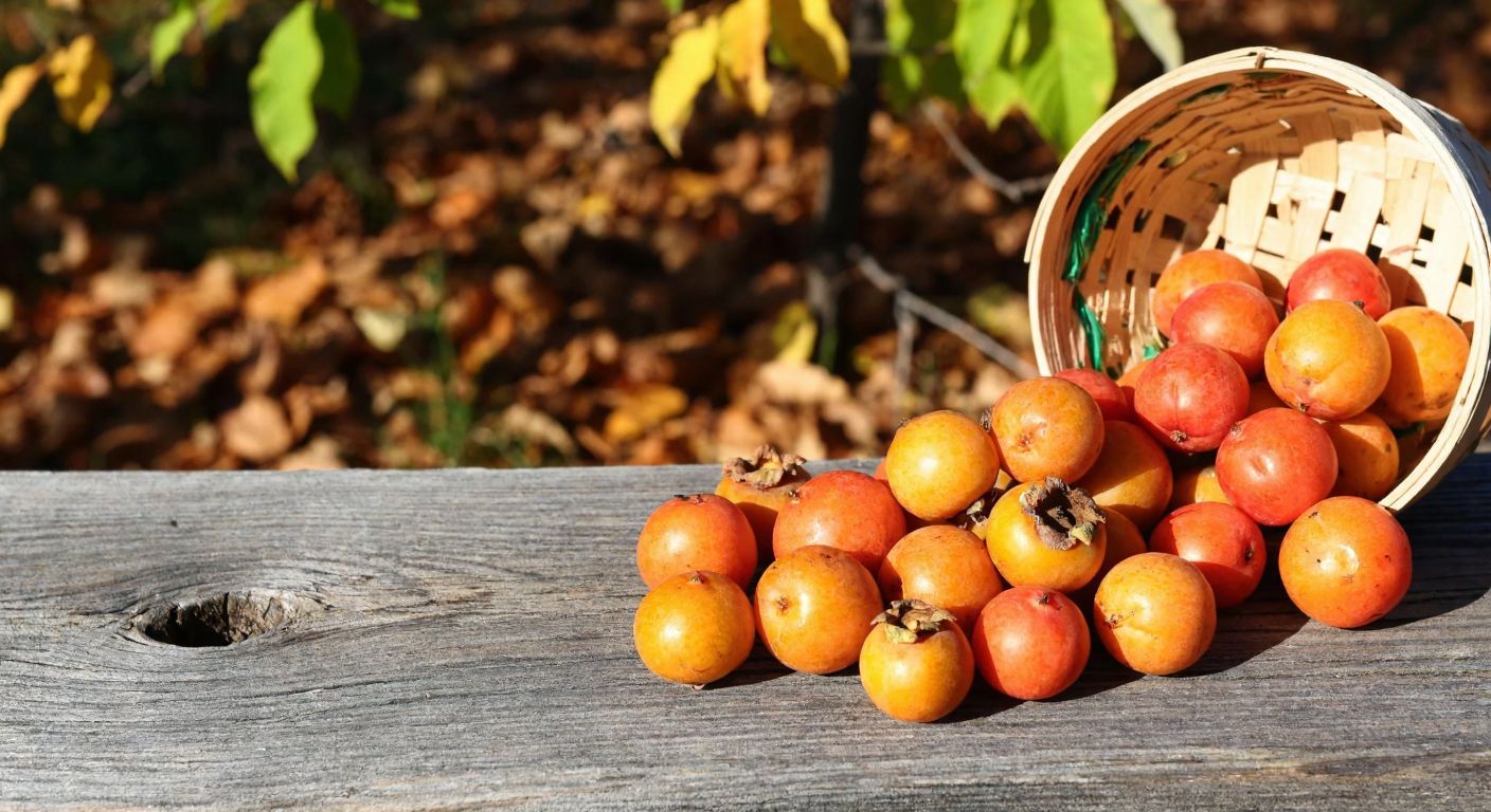 A rustic wooden table in a Turkish orchard holds a small pile of golden-brown medlars next to a cluster of similar-looking orange-red serviceberries, with a woven basket and fallen autumn leaves in the background.
