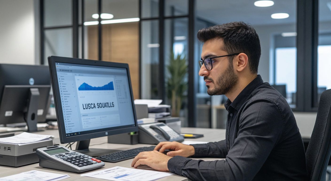 A Turkish accountant in a modern office setting, wearing glasses and focused on a computer screen displaying the LUCA software interface, with a calculator and a fuel receipt on the desk beside them.