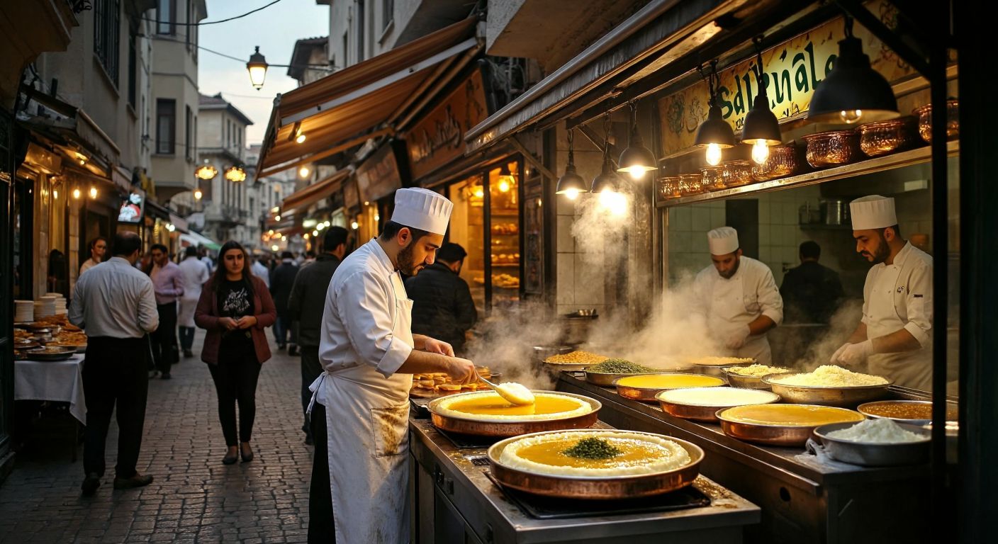 A warm, bustling Gaziantep street at dusk, with a glowing Sahra Künefe shopfront where a chef in a white apron prepares golden künefe in a copper pan, surrounded by the aroma of melted cheese and syrup, while locals and visitors eagerly wait outside.