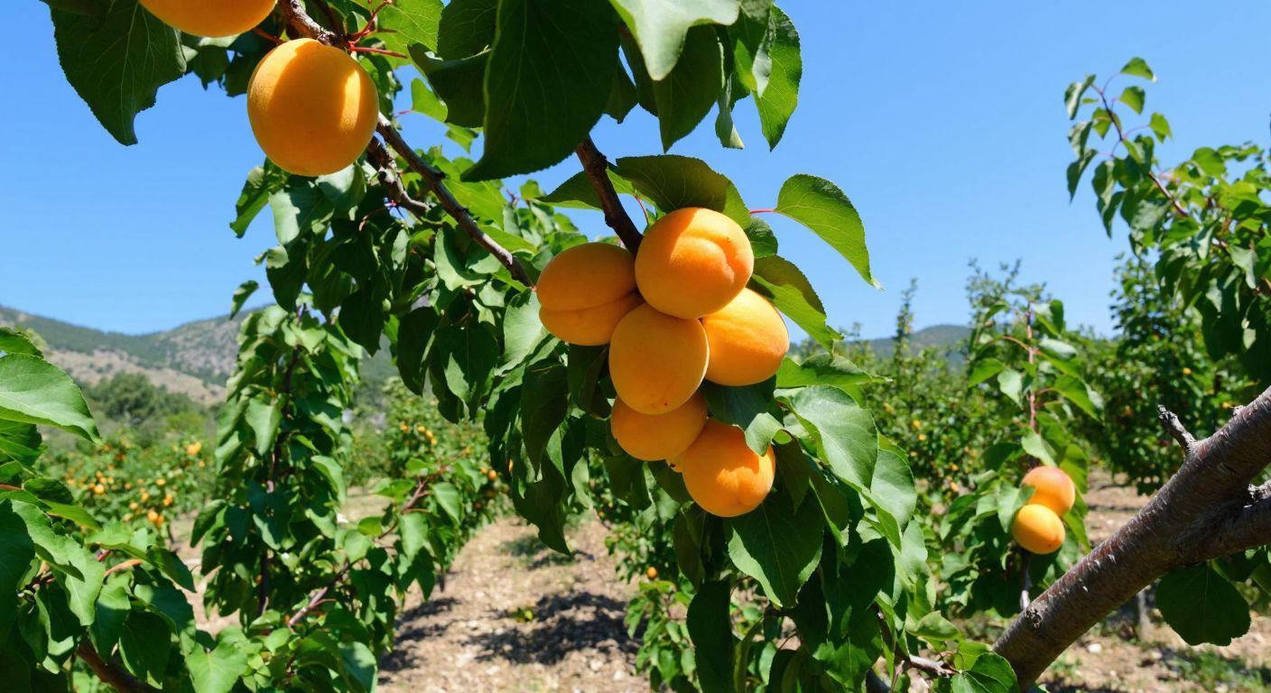 A sunlit apricot orchard in Turkey, with ripe golden-orange fruits hanging from leafy branches under a bright blue summer sky.