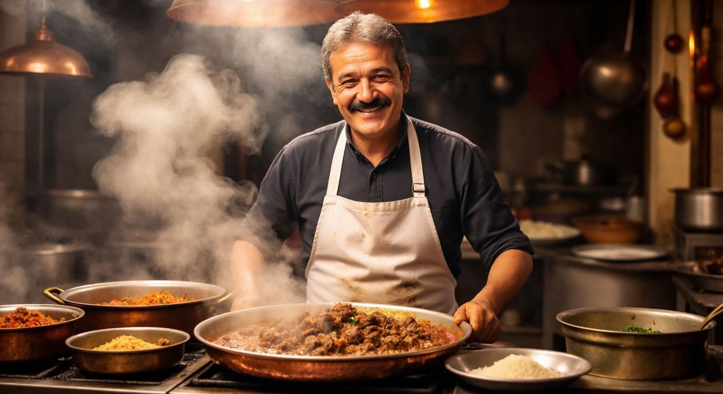 A smiling middle-aged man with a mustache, wearing a white apron, stands proudly in front of a sizzling copper pan filled with golden-brown Taşkent kavurma, surrounded by warm steam and the rich aroma of spices.