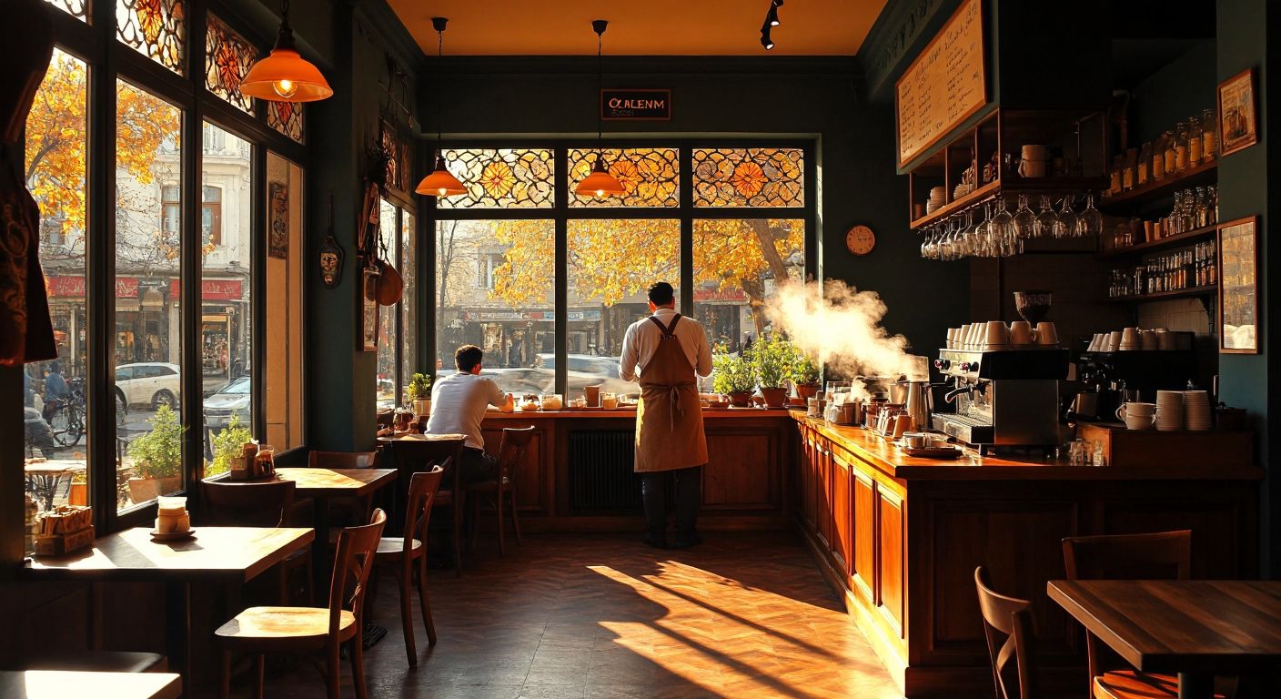 A cozy Turkish coffee shop with warm lighting, wooden tables, and steaming cups of coffee, as a barista in a traditional apron serves customers in the early morning sunlight.