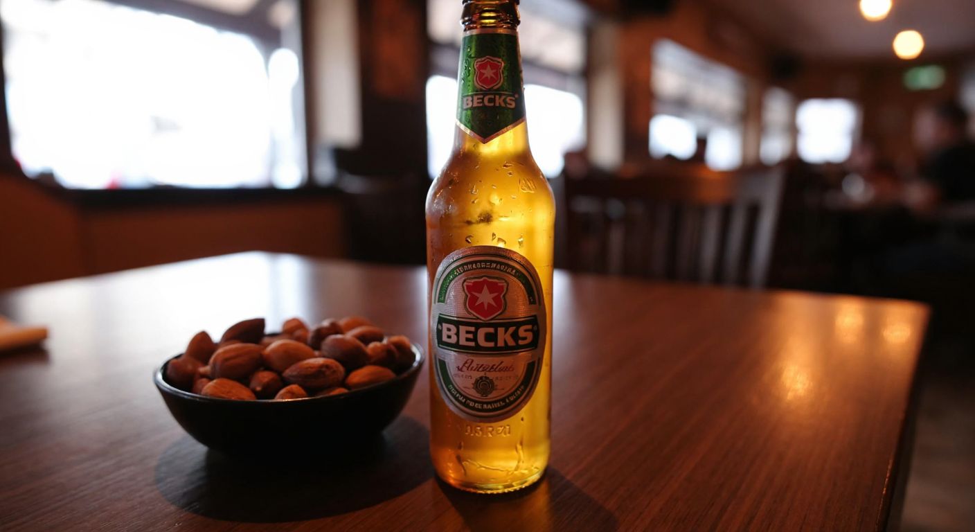 A cold glass bottle of Beck's beer sits on a wooden table in a cozy Turkish pub, with condensation dripping down its side, surrounded by a few roasted nuts in a small bowl.