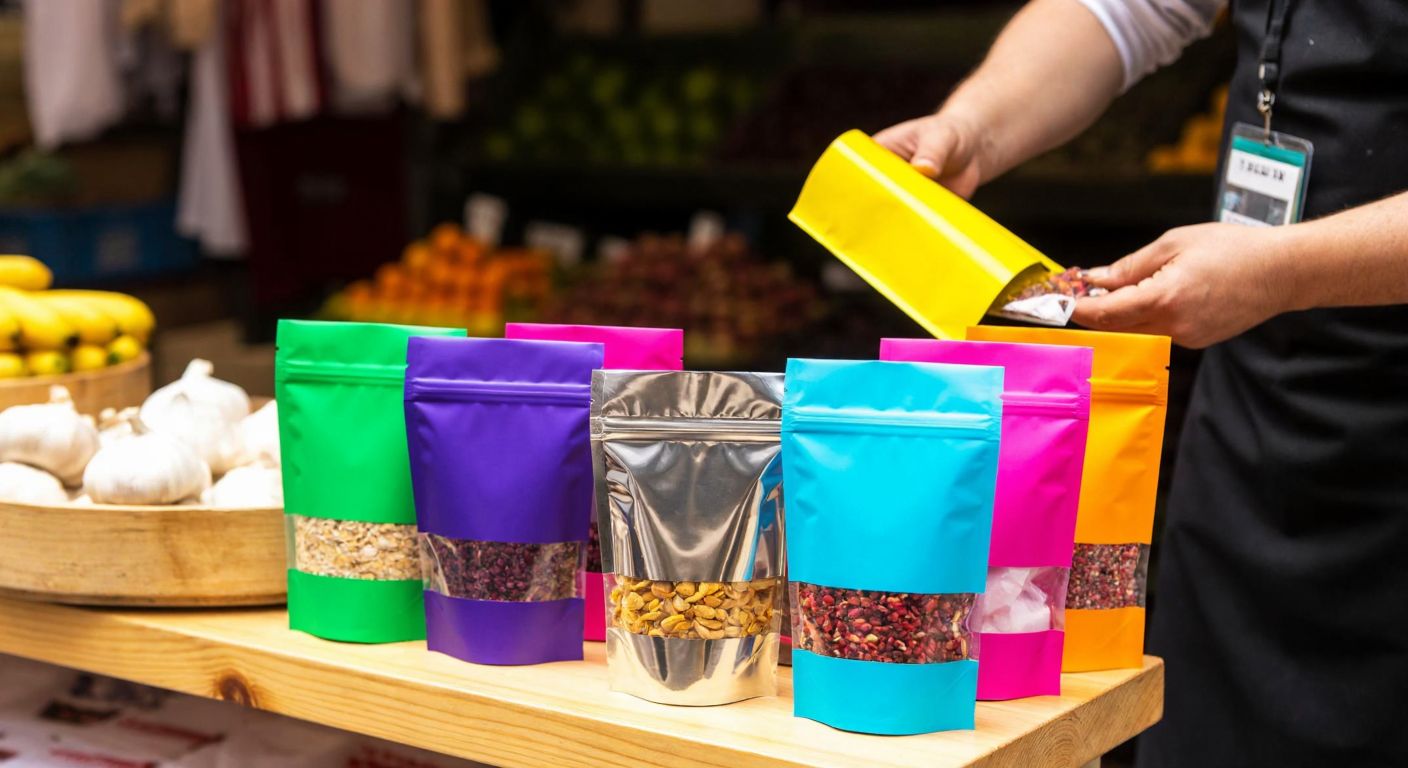A colorful array of stand-up pouches made from different materials—shiny aluminum foil, transparent plastic, and kraft paper—neatly arranged on a wooden table in a Turkish market, with a vendor in the background holding one pouch open to showcase its durability.