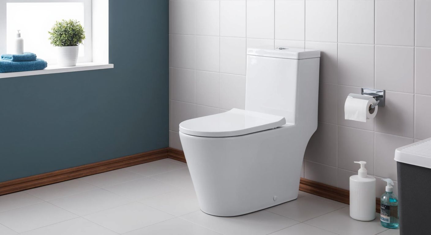 A modern white Seramiksan toilet with a sleek design sits in a clean, tiled Turkish bathroom, surrounded by neatly arranged cleaning supplies and a small potted plant on the windowsill.