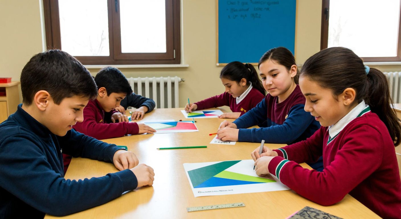 A Turkish classroom with eager students measuring colorful geometric shapes on their desks, comparing the outlines (perimeter) and inner spaces (area) with rulers and bright expressions of curiosity.