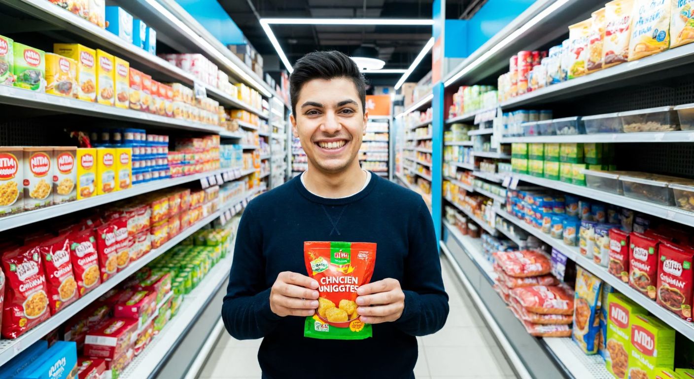 A smiling shopper in a bright A101 supermarket aisle holding a colorful bag of chicken nuggets, with shelves stocked with various Turkish food brands in the background.