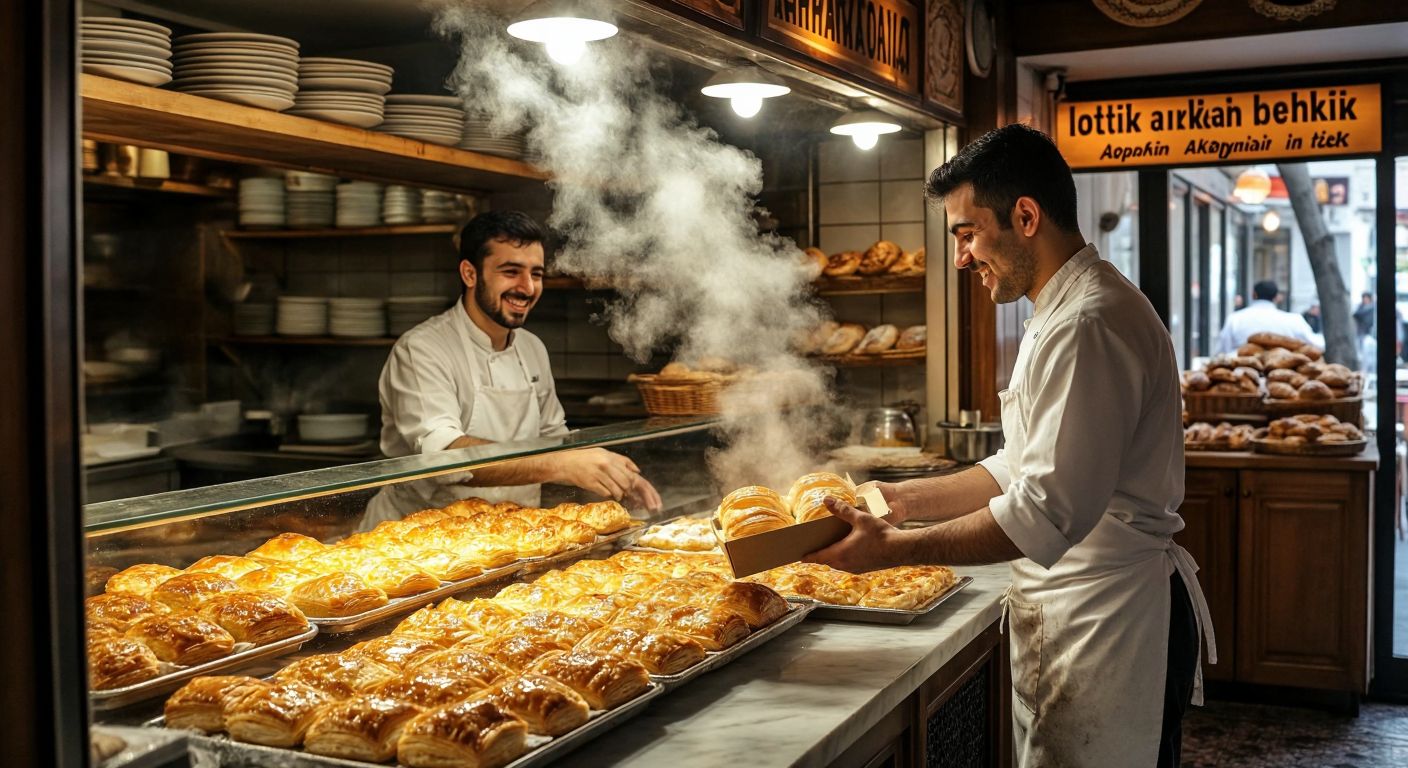 A warm, bustling bakery in Istanbul’s Akpınar neighborhood, with golden trays of flaky *börek* displayed behind a glass counter, steam rising from freshly baked pastries, and a smiling baker in a white apron handing a customer a paper-wrapped parcel.