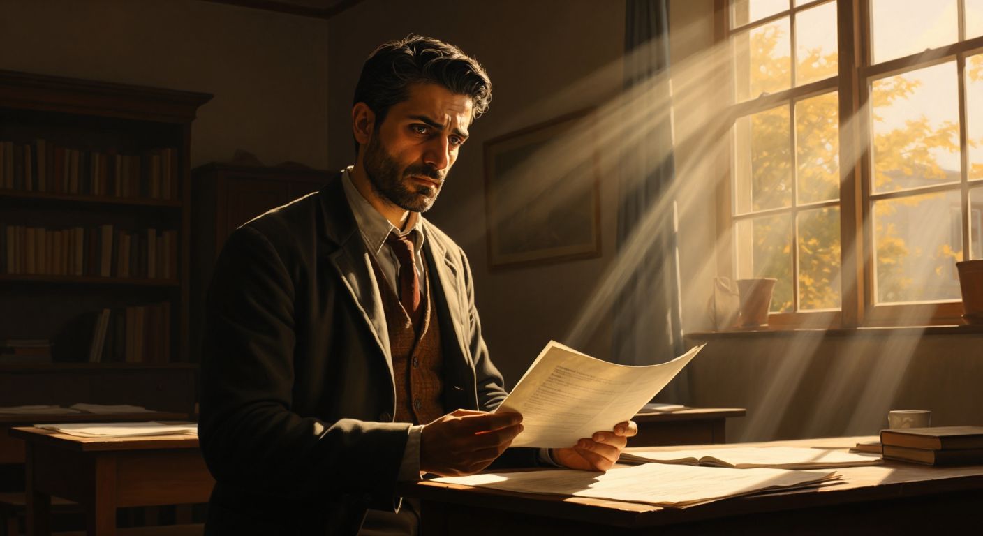 A solemn Turkish teacher in a classroom gazes at an official document with hopeful anticipation, while a faint glow of sunlight streams through the window.
