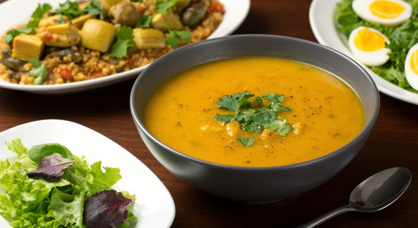 A steaming bowl of creamy pumpkin-chicken soup sits on a wooden table, surrounded by small plates of fresh green lettuce salad, olive oil-drizzled artichokes, a hearty bean stew, and golden bulgur pilaf, evoking a warm Turkish home-cooked meal.