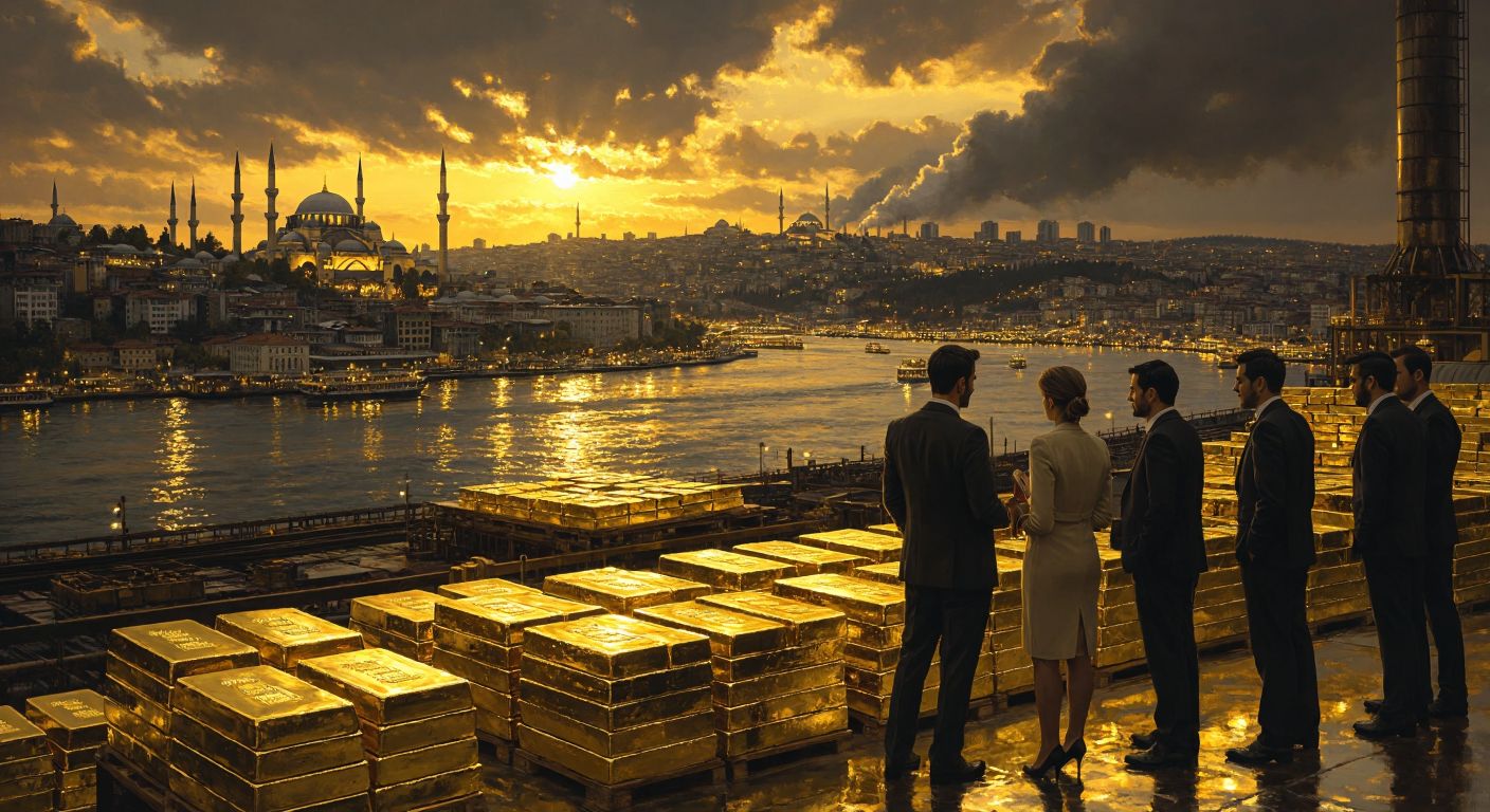 A golden-hued skyline of Istanbul with the Bosphorus shimmering below, reflecting the city's significance in gold trade, while a group of businesspeople in formal attire discuss near a refinery with stacks of gold bars in the background.