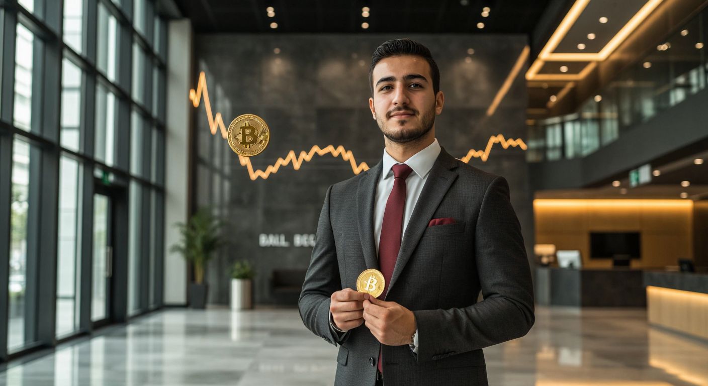 A confident Turkish businessman in a sleek suit stands in a modern bank lobby, holding a golden coin while a digital graph representing stable growth glows softly behind him.
