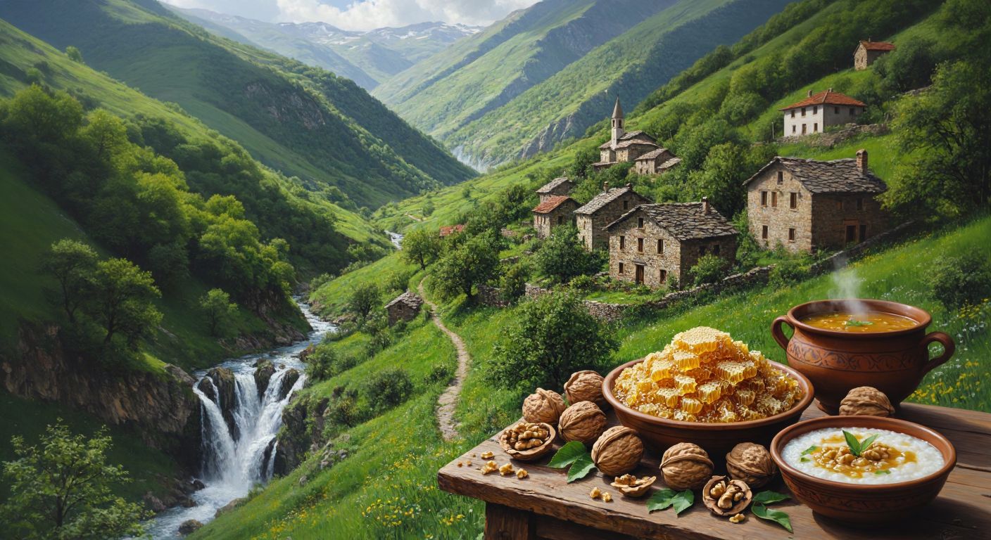 A lush green valley with cascading waterfalls, traditional stone houses nestled among rolling hills, and a wooden table laden with golden honeycomb, fresh walnuts, and steaming bowls of keledoş and mastuva stews.