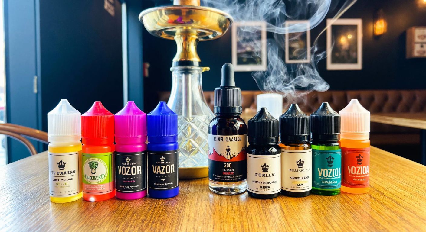 A vibrant display of colorful e-liquid bottles from brands like Five Pawns and Vozol arranged on a wooden table in a cozy Turkish café, with steam rising from a nearby hookah.