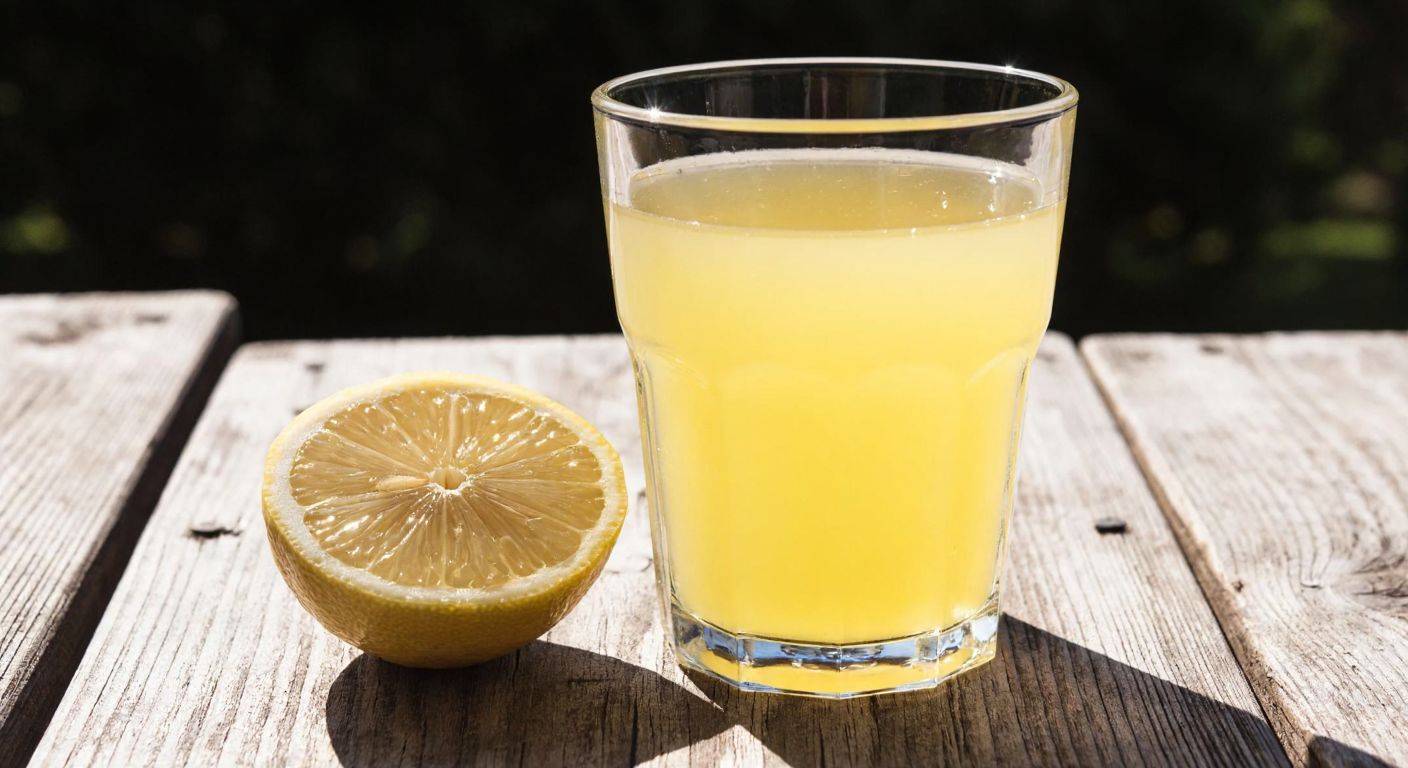 A chilled glass of golden-yellow limoncello resting on a rustic wooden table, with a slice of fresh lemon beside it and sunlight glinting off the condensation.