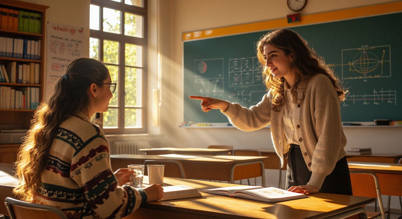 A vibrant classroom scene in Turkey with a young teacher pointing at a large periodic table, a student holding a physics textbook with force diagrams, and a fashion magazine with "Fendi" on the desk, all under warm sunlight streaming through the window.