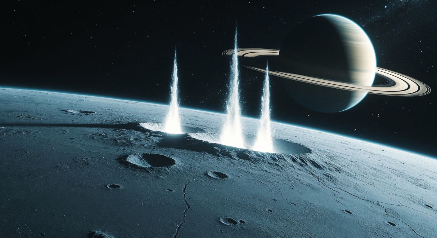 A distant, icy moon with glowing geysers erupting from its cracked surface, surrounded by the dark void of space and the faint rings of Saturn in the background, evoking mystery and scientific curiosity.