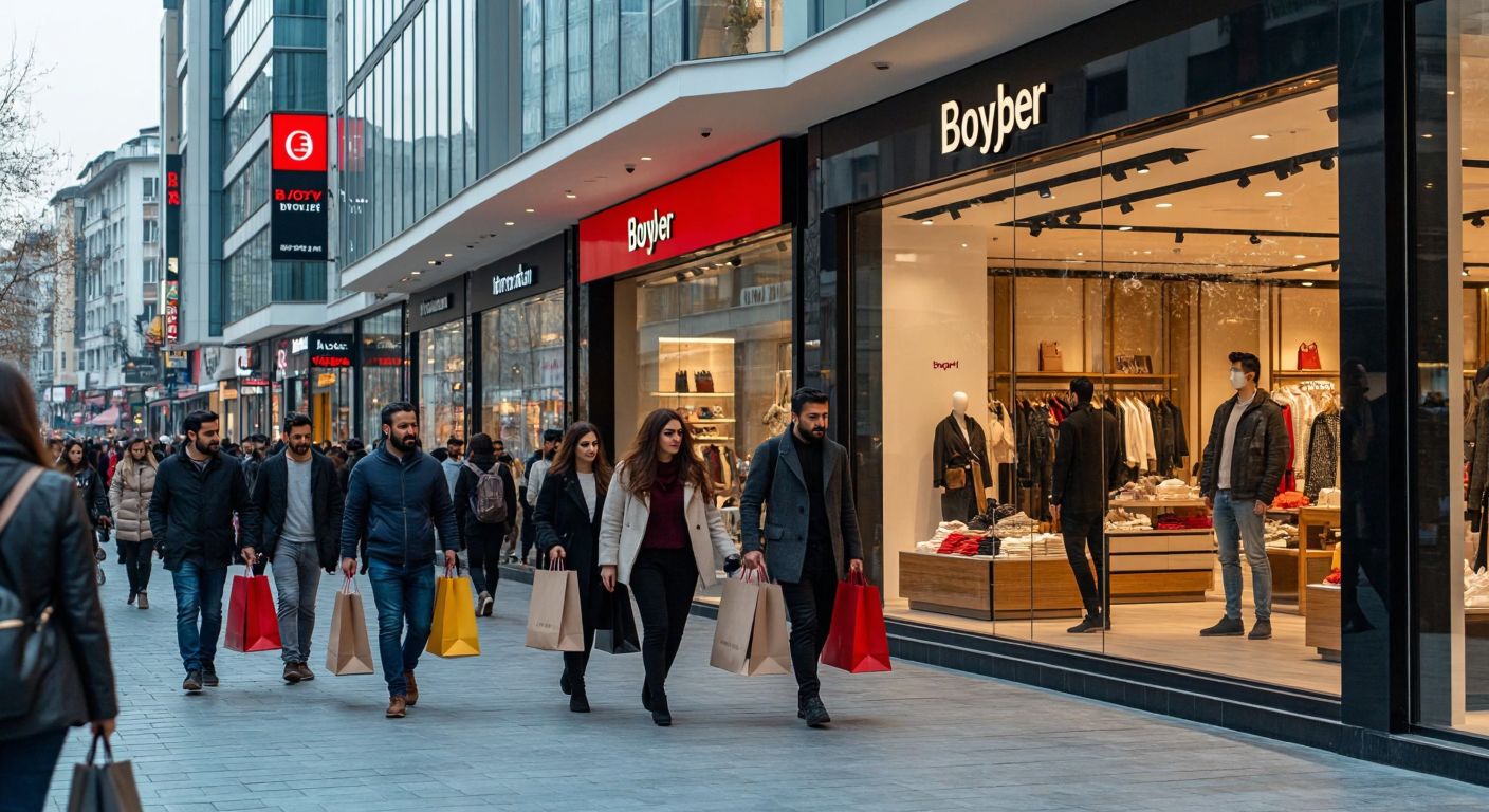 A bustling Istanbul street scene with a modern shopping mall in the background, featuring well-dressed Turkish shoppers carrying Boyner Holding shopping bags, while a small, standalone boutique labeled "Boyber" sits quietly nearby, unnoticed by the crowd.