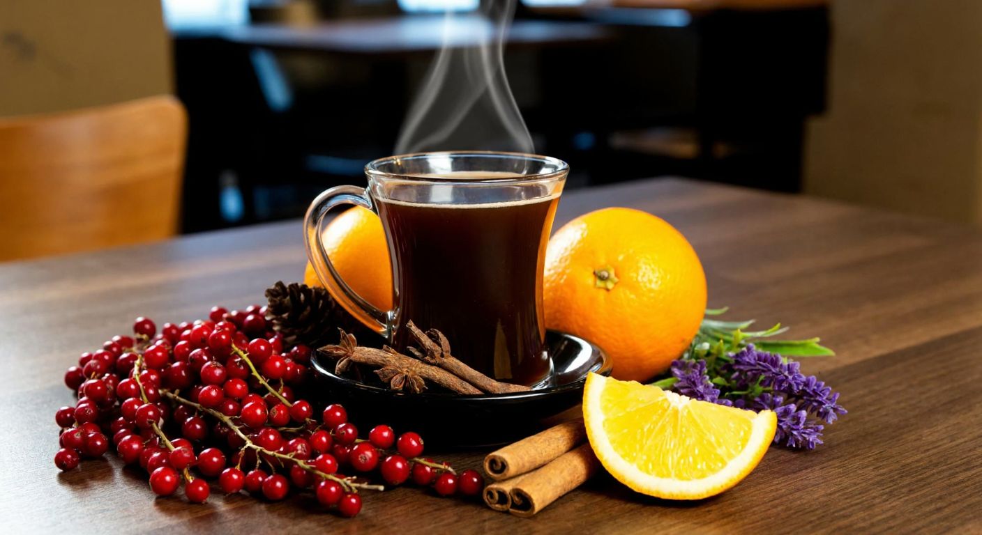 A steaming cup of Turkish coffee surrounded by fresh citrus fruits, red berries, a sprig of lavender, and a cinnamon stick on a wooden table in a cozy café.
