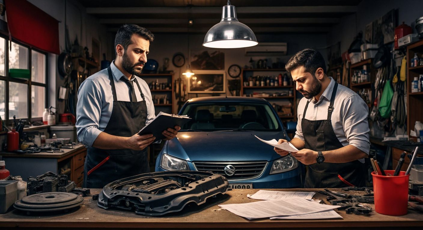A frustrated Turkish car owner in a repair shop holds a damaged car part while a stern insurance agent reviews paperwork under a hanging light.