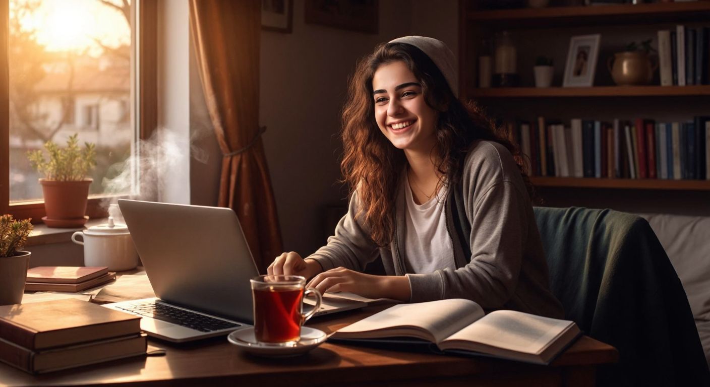 A young Turkish student in Ankara smiles while studying on a laptop at home, with a steaming cup of Turkish tea and university books scattered on the table.