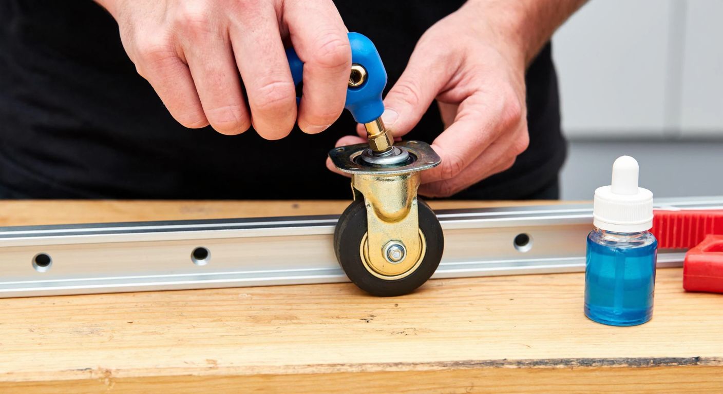 A close-up of a person’s hands using a screwdriver to remove a worn roller from a sliding door track, with a new roller and a small bottle of lubricating oil placed nearby on a wooden workbench.