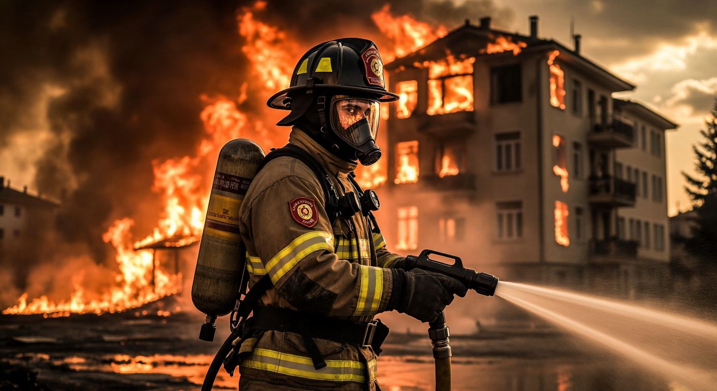 A Turkish firefighter in full gear stands heroically in front of a blazing building, holding a hose spraying water, with a bold red and gold emblem of a fire department rescue logo glowing on his helmet.