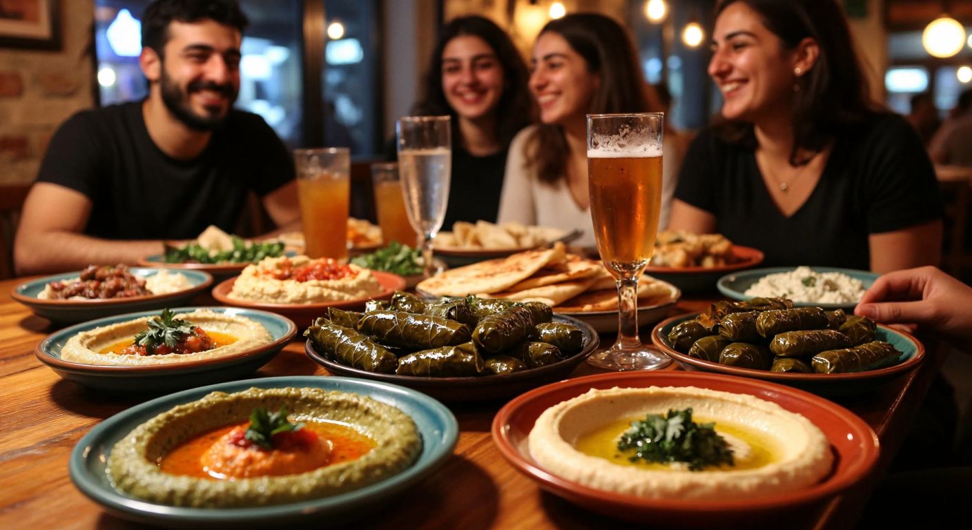 A lively Istanbul meyhane with a wooden table covered in colorful meze plates—hummus, ezme, stuffed grape leaves—and two frosted rakı glasses, surrounded by smiling friends in a warm, dimly lit setting.