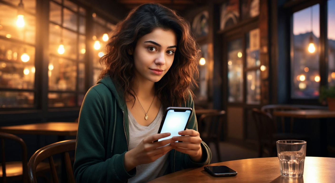 A young Turkish woman with curious eyes sits at a cozy café table, holding a smartphone with a bright screen, while gesturing toward an unseen interface with a hopeful expression.  

(Note: The smartphone screen is intentionally left blank/abstract to avoid depicting UI elements or text.)