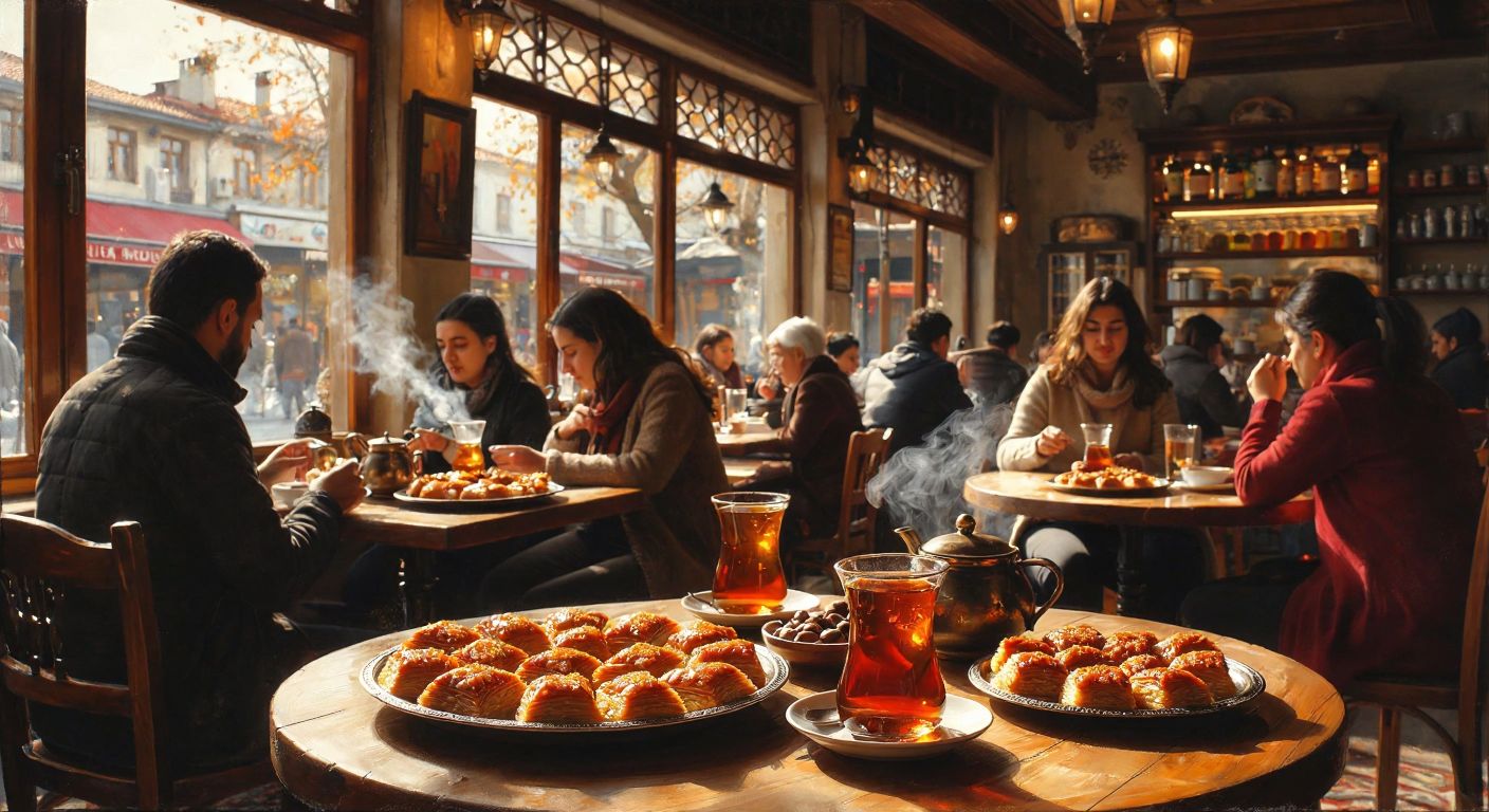 A bustling Turkish café scene with people enjoying çay and pastries, surrounded by warm wooden tables, steaming tea glasses, and trays of baklava under soft golden lighting.