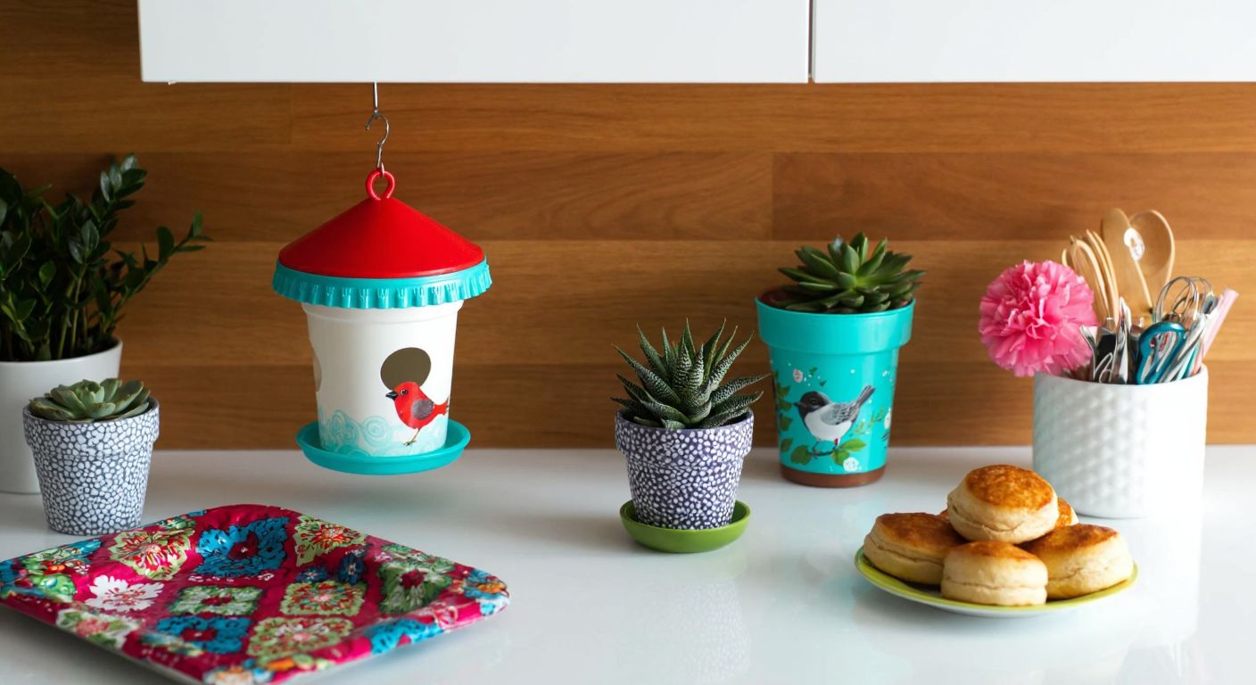 A vibrant Turkish kitchen counter displays a repurposed yogurt container transformed into a colorful bird feeder, a small succulent planter, and a neatly organized jewelry holder, surrounded by fresh pastries and decorative craft materials.