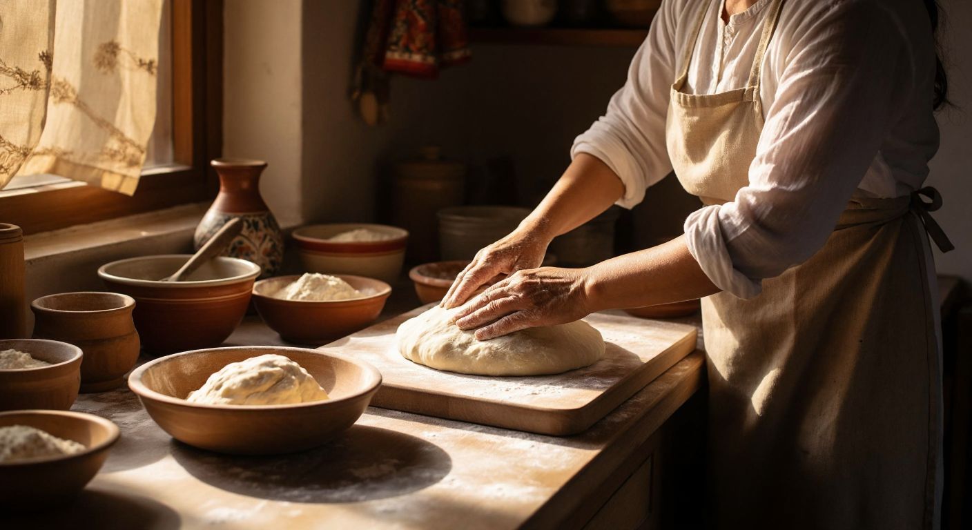 A Turkish woman in a sunlit kitchen rolls out dough on a floured wooden pastry board with a rolling pin, her hands dusted with flour, surrounded by bowls of ingredients and a traditional ceramic plate nearby.