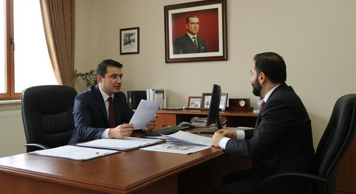 A Turkish teacher in a modest office, wearing formal attire, sits at a wooden desk with paperwork and a computer, speaking earnestly to a colleague holding a printed form, with a framed photo of Atatürk on the wall.