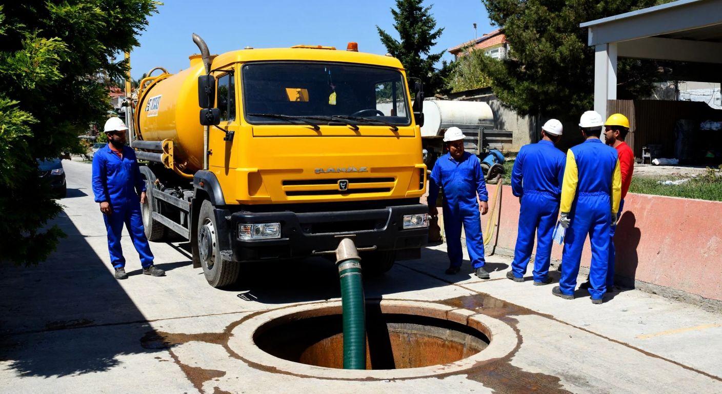 A yellow vidanjör truck with a large vacuum hose extended into a sewer opening, surrounded by workers in blue overalls and hard hats inspecting the process under the bright Turkish sun.