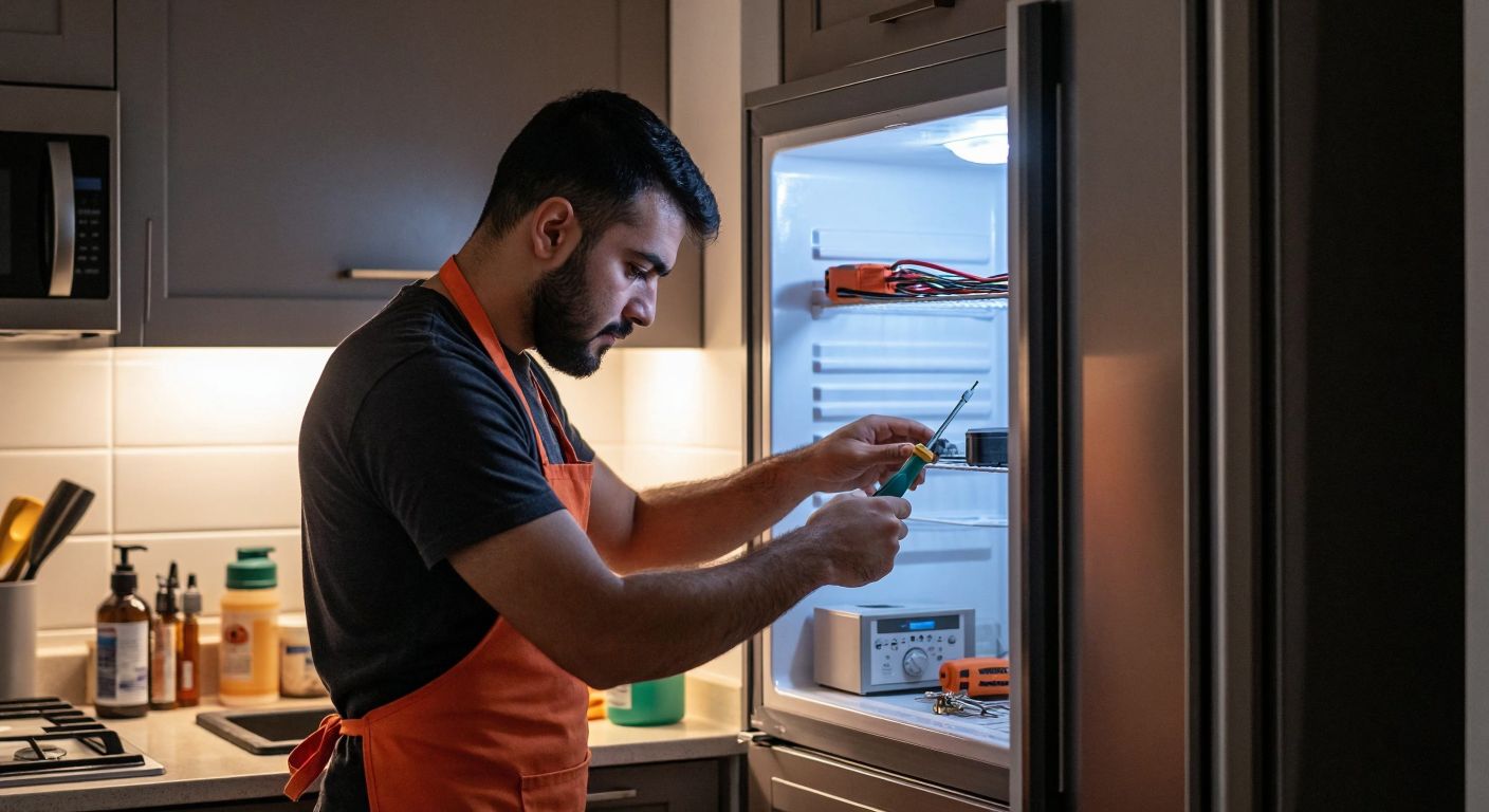 A focused Turkish man in a home kitchen wearing an apron carefully connects wires inside an open refrigerator panel with a screwdriver, while a small thermostat and tools lie on the counter beside him.