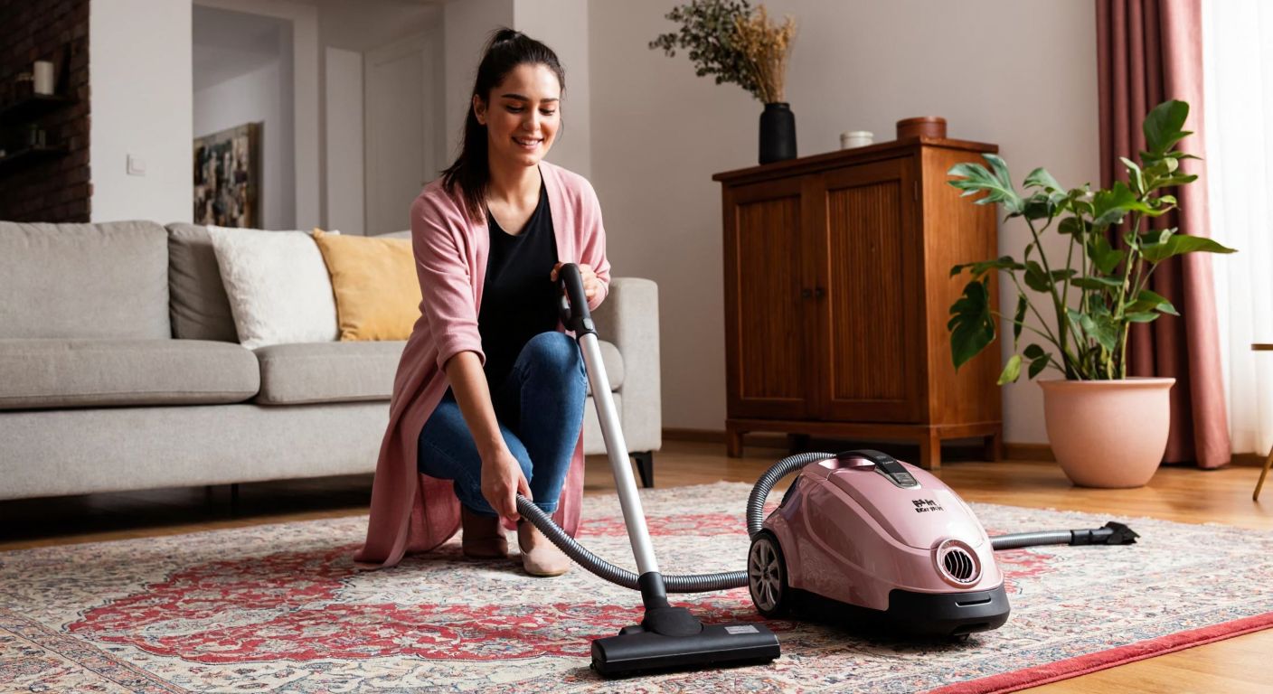 A Turkish woman in a cozy home smiles while effortlessly pushing a sleek pink Fakir Lucky vacuum cleaner across a patterned rug, its strong suction lifting dust from the fibers.