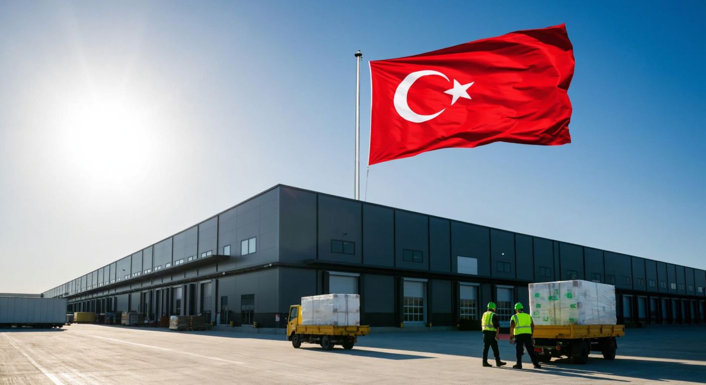 A modern industrial warehouse with the Turkish flag flying overhead, set against a sunny sky, with workers in reflective vests moving cargo nearby.