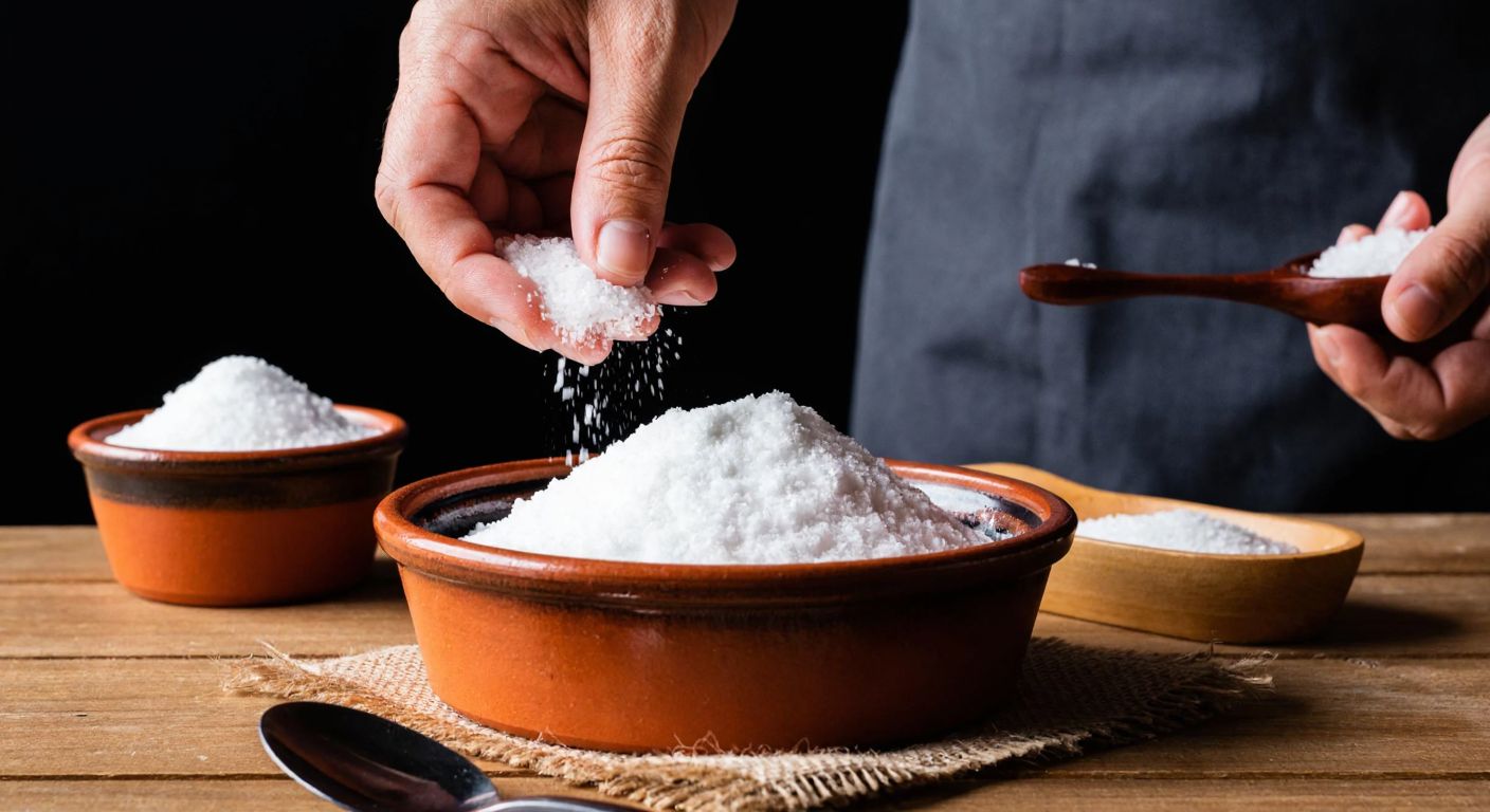 A Turkish cook’s hand pinching a small amount of salt over a traditional ceramic bowl filled with flour, with a teaspoon nearby for scale.