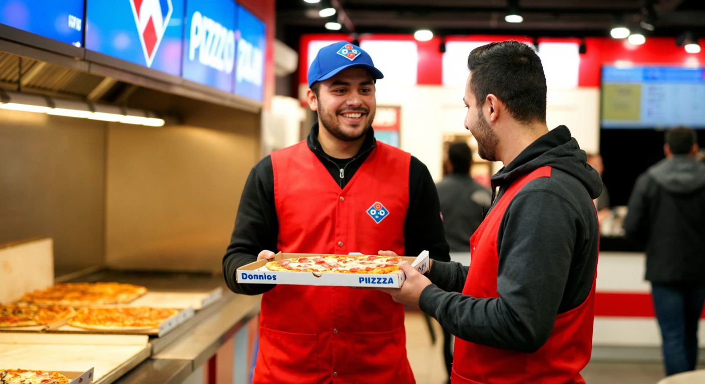 A bustling Domino's Pizza outlet in Turkey with a cheerful delivery driver in a red uniform handing a hot pizza box to a smiling customer, surrounded by the warm glow of the store's lights and the aroma of freshly baked dough.