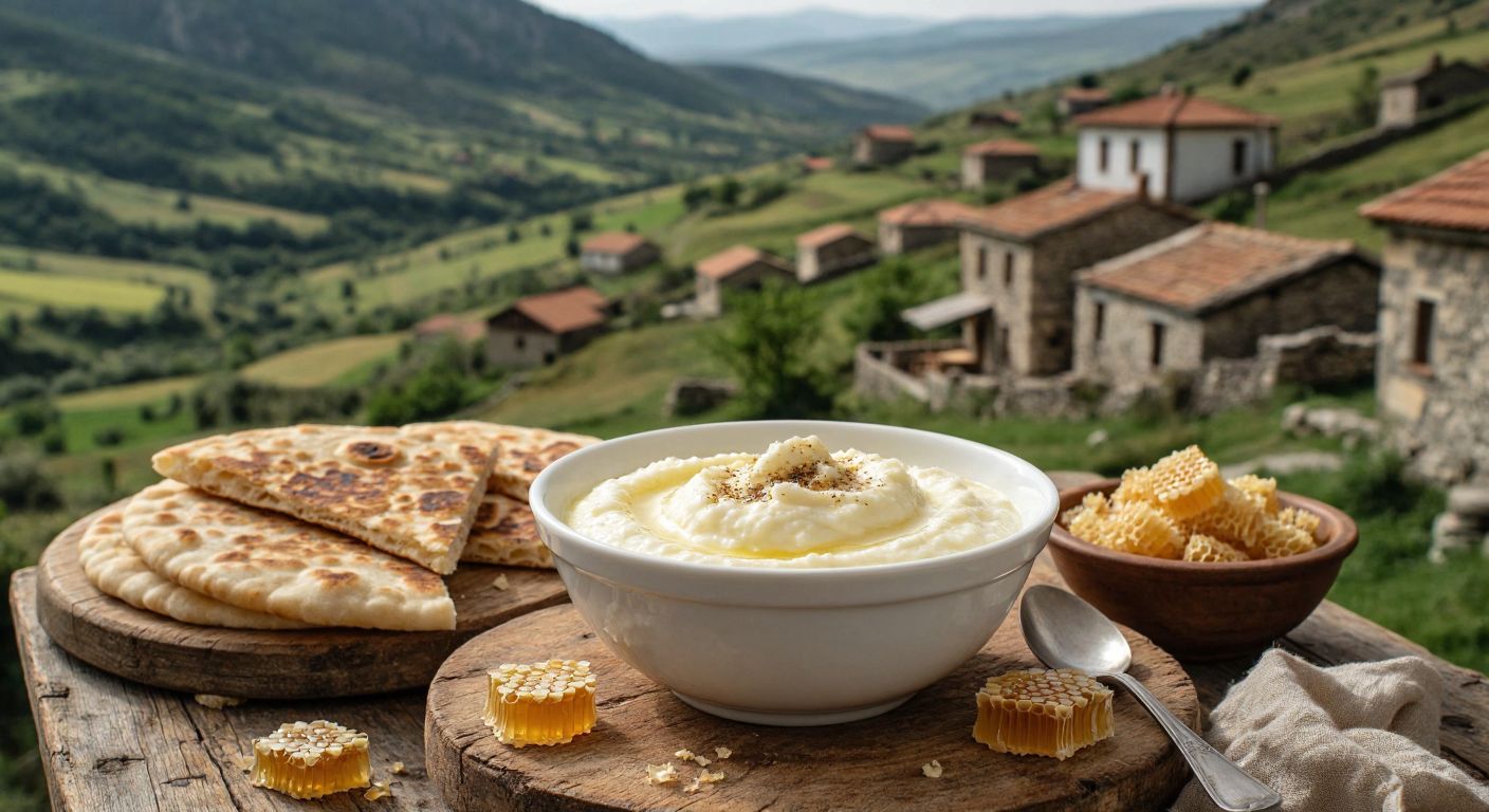 A creamy white bowl of thick **kaymak** sits on a rustic wooden table in **Afyonkarahisar**, surrounded by golden honeycomb and warm flatbread, with rolling green hills and traditional stone houses in the background.