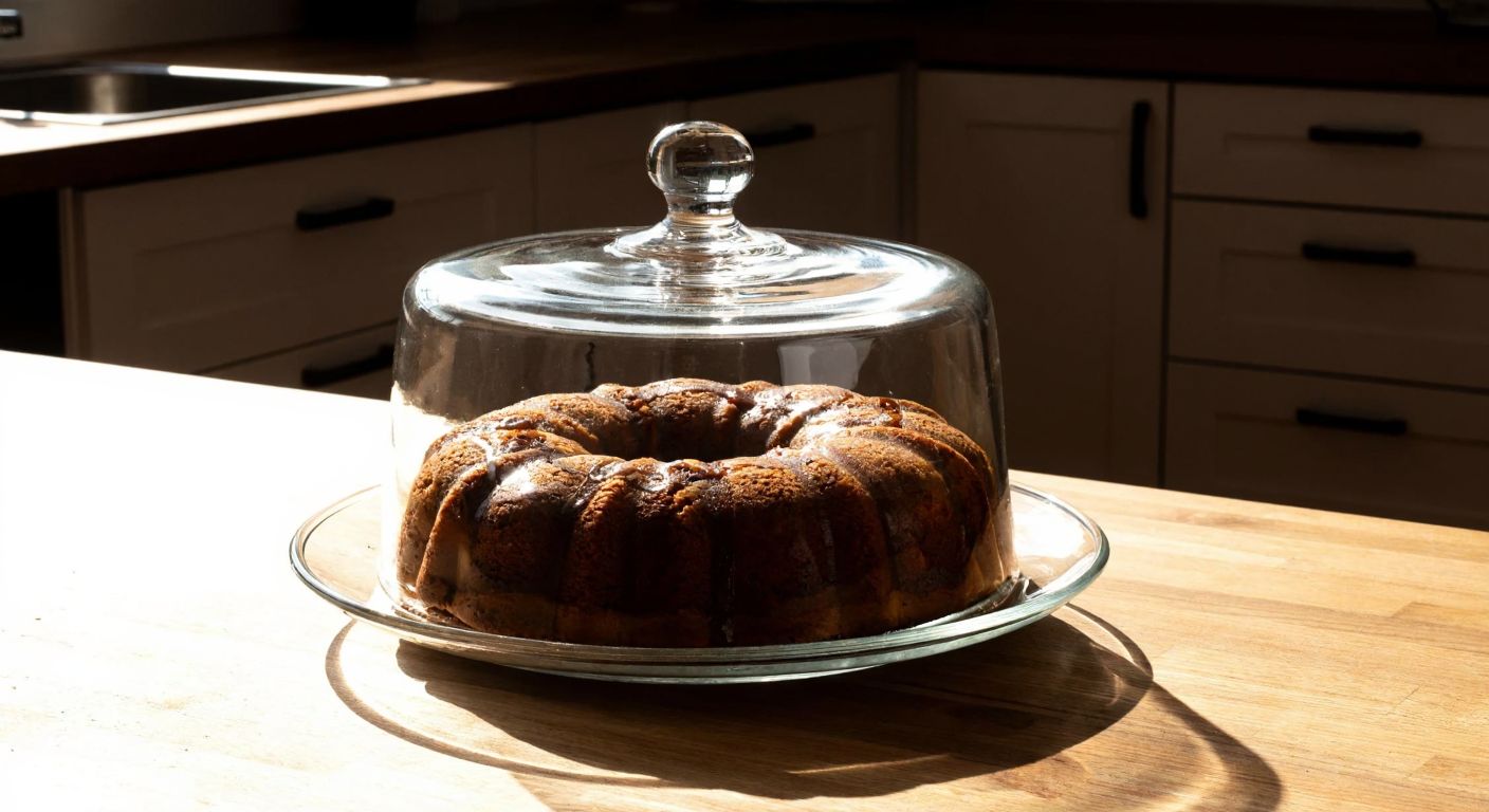 A clear glass cake dome filled with a freshly baked Turkish walnut cake, placed on a wooden kitchen counter with sunlight streaming through a window.