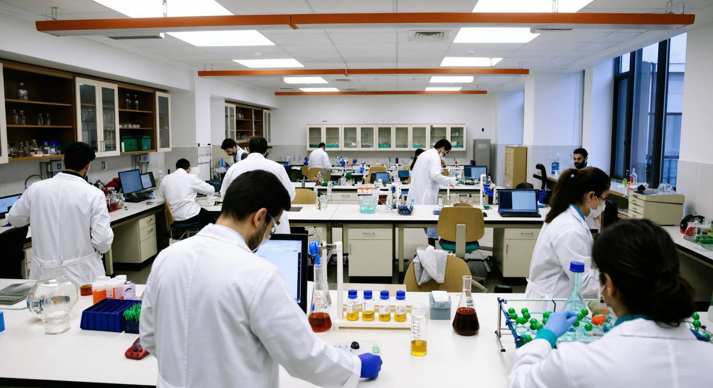A bustling university chemistry lab in Istanbul, with students in white coats conducting experiments, surrounded by beakers, molecular models, and computers displaying molecular simulations.