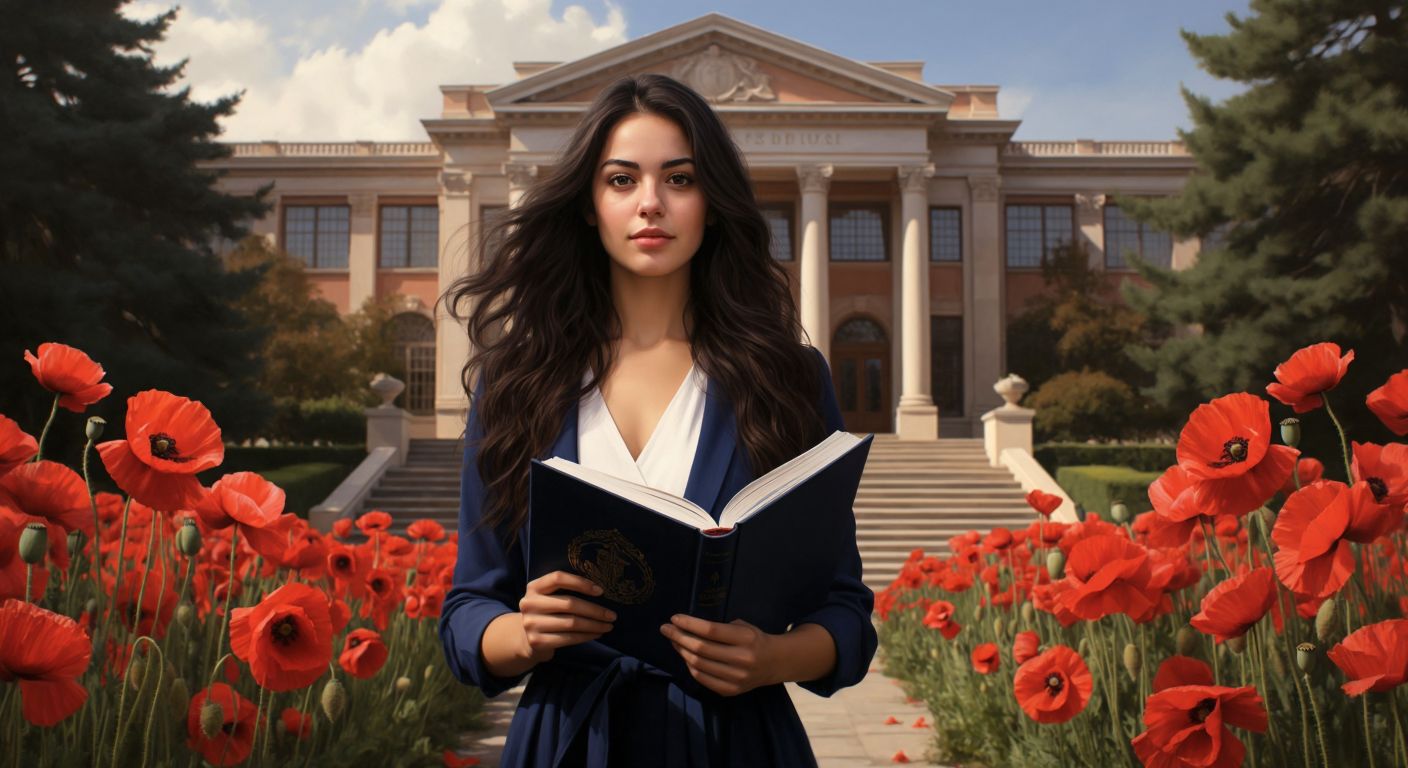 A young woman with warm brown eyes and flowing dark hair stands proudly in front of Ege University’s grand entrance, holding a diploma in one hand and a paintbrush in the other, surrounded by blooming red poppies.