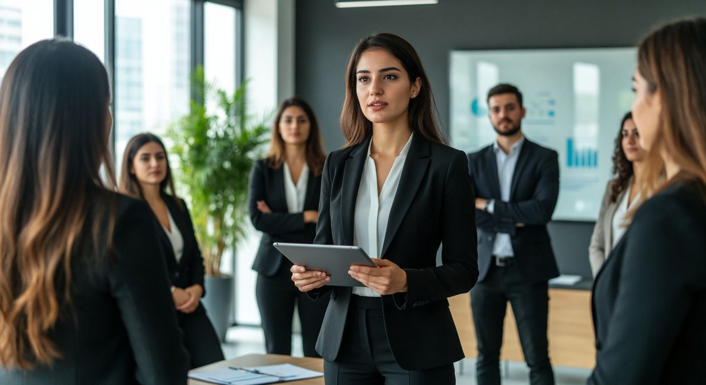 A composed Turkish businesswoman in a sleek suit stands confidently in a modern office, calmly addressing a group of attentive colleagues while holding a tablet, symbolizing crisis management and public relations in action.