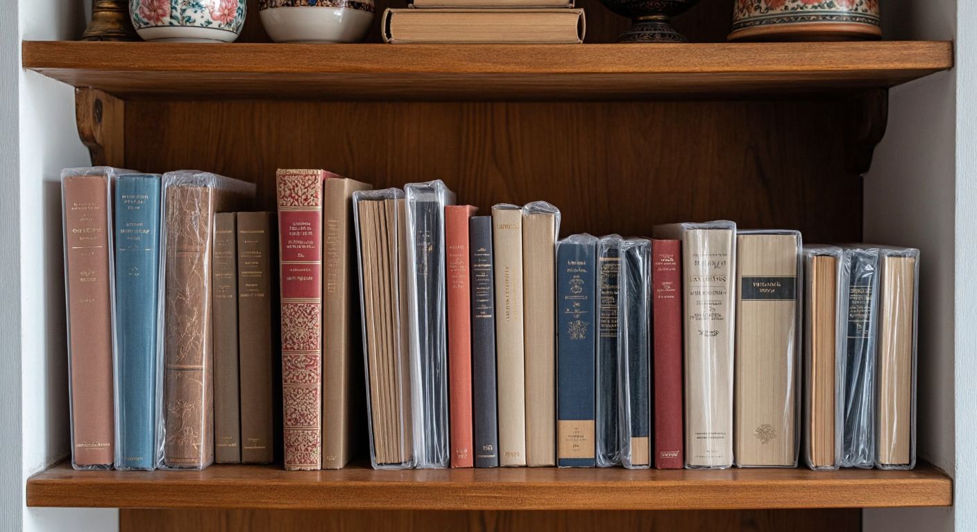 A wooden shelf in a cozy Turkish home holds several books, some wrapped in transparent protective covers, others in fabric book jackets, with a few delicate volumes placed carefully in decorative boxes.