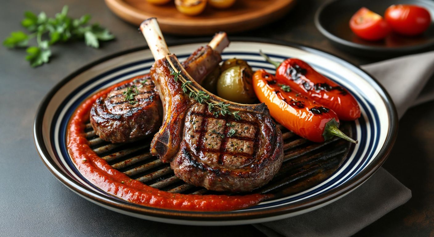 A sizzling lamb chop on a grill, glazed with rich red tomato paste and sprinkled with herbs, served on a traditional Turkish ceramic plate with a side of roasted peppers.