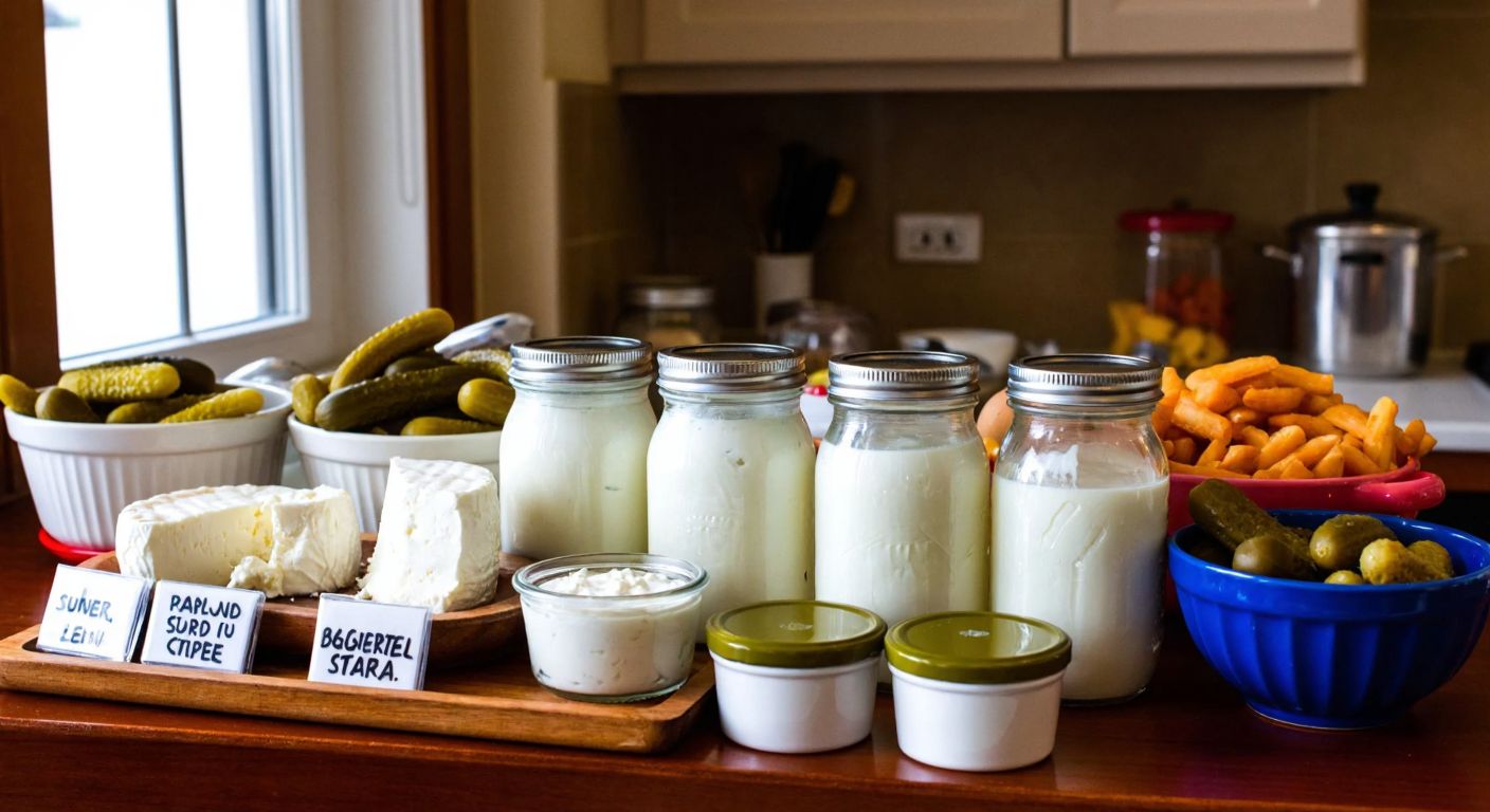 A Turkish kitchen counter displays fresh white cheese, yogurt, and pickles in glass jars, with small labeled containers of potassium sorbate and sodium benzoate nearby, symbolizing food preservation.