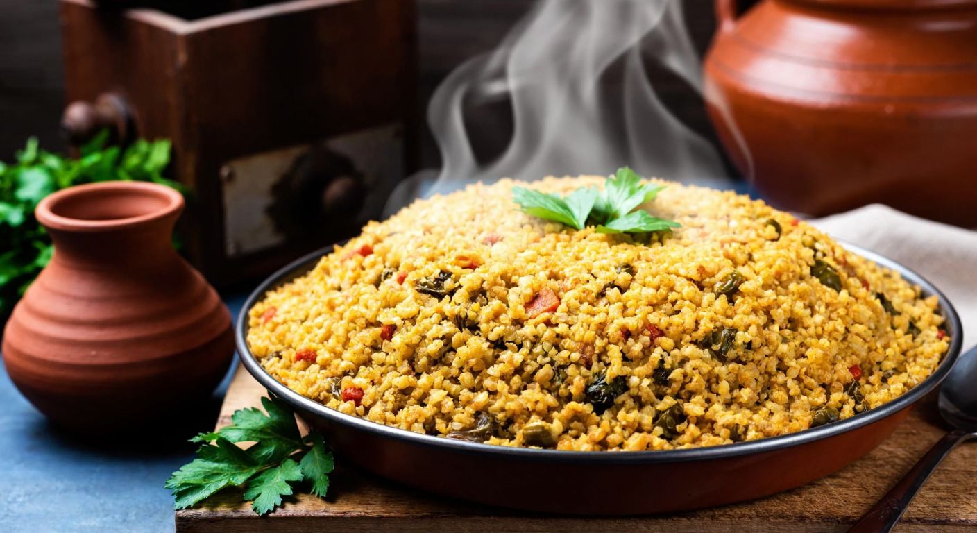 A steaming golden-brown bowl of firik pilav, garnished with fresh parsley and served on a rustic wooden table, with a backdrop of a traditional Turkish kitchen and a clay pot of simmering ingredients nearby.